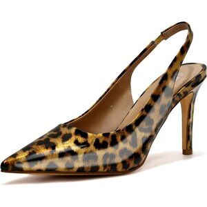 Women Black Leopard Slingback Stiletto Heels Closed Toe Pumps Slip On High Heels